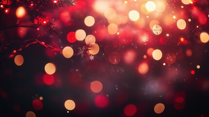 A red bokeh snowflakes background with sparkling lights, where the soft focus of the bokeh effect highlights the gentle fall of snowflakes