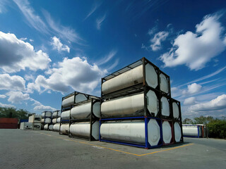 Stack Iso Tank Containers under a Blue Sky with Fluffy Clouds: Industrial Storage and Transportation