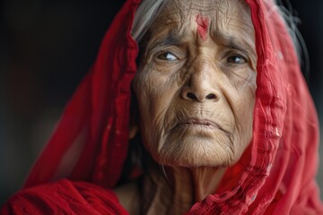 Elderly Indian woman in red saree  deep in thought.