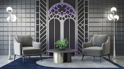 interior design mockup Modern minimalist interior with two gray armchairs and a coffee table with a green plant on it Futuristic Grid Silver cobalt blue neon purple black Art Nouveau