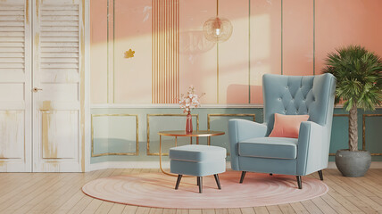 interior design mockup Retro blue armchair and stool in a blue room 3d render interior design vintage style Golden Hour Peach soft orange champagne pastel pink Grunge