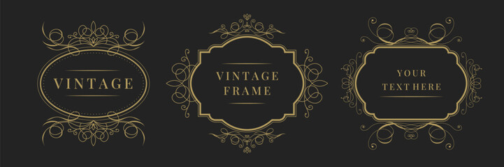 Set of vintage decorative calligraphic frames. Elegant retro ornamental borders. Vector illustration on black background