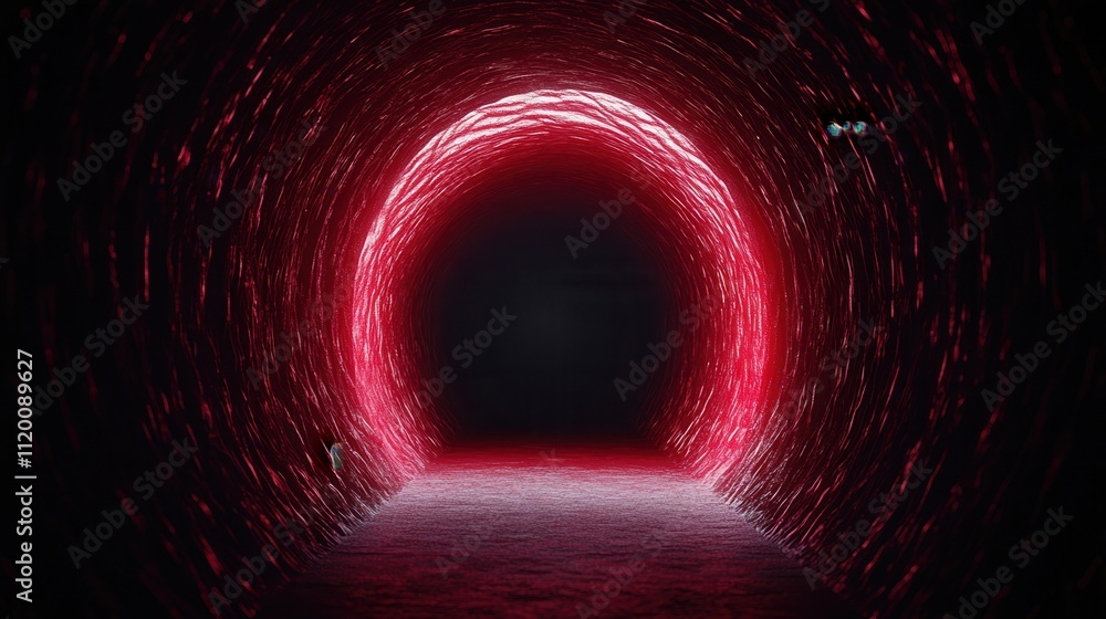 Poster a dark tunnel illuminated by glowing red lights, creating a mysterious and eerie atmosphere.
