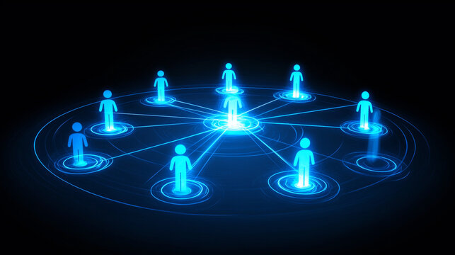 Connected blue figures forming digital network circle with central hub
