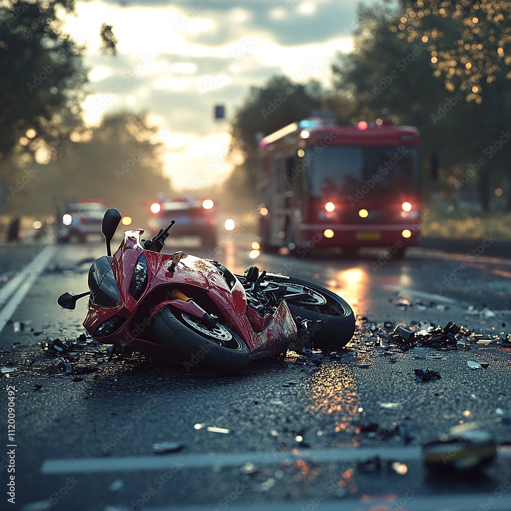Poster a photojournalistic image capturing the collision involving two motorcycles. the scene emphasizes th