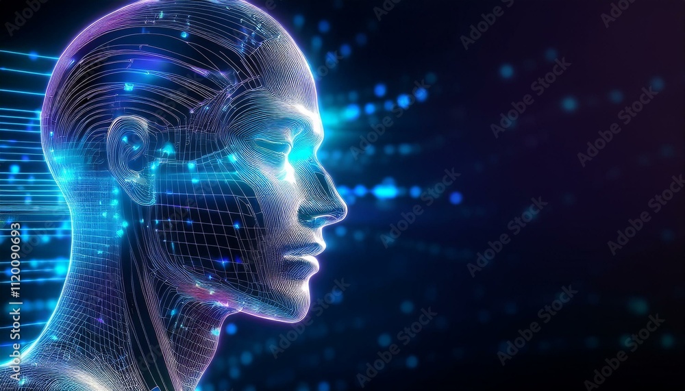 Poster Digital Mind:  A futuristic profile of an AI head, glowing with intricate digital circuitry and energy streams, symbolizing artificial intelligence and technological advancement. 