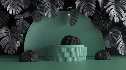 interior design mockup Teal and green still life of podiums and tropical leaves Monochrome Black white gray charcoal SciFi Art
