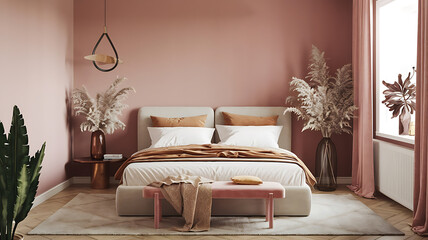 interior design mockup Minimalistic bedroom interior with pink walls and dried plants in vase near the bed Bronze Glow Bronze champagne deep brown cream Vintage Engraving