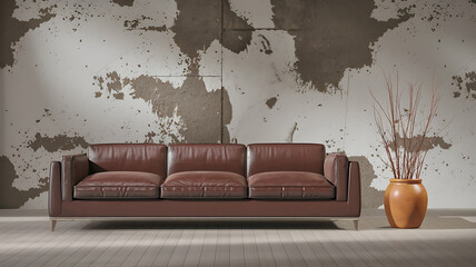 interior design mockup Sofa and pot with twigs against of grunge stucco wall with copy space Loft interior design of modern living room home Autumn Leaves Rust red pumpkin orange mustard yellow olive
