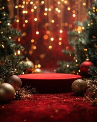 Podium on red Christmas background with lights