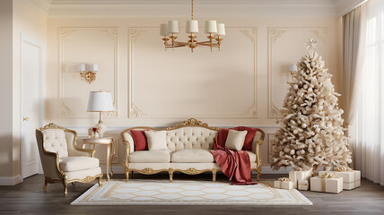 interior design mockup Ornate golden sofa and Christmas tree in a luxurious room with red and gold decorations Gentle Sands Sand beige pale peach soft yellow white Medical Illustration