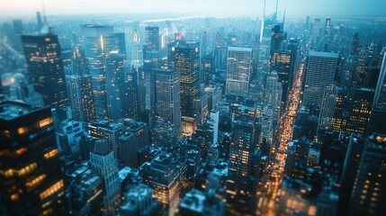 Obraz premium Aerial view of new york city skyline at dusk featuring illuminated skyscrapers and urban landscape.