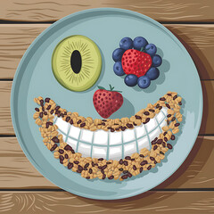Healthy breakfast spread with fresh fruits granola and yogurt onwooden table isolated on white background cutout png design asset funny conceptPastel Drawing