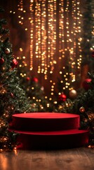 Podium on red Christmas background with lights