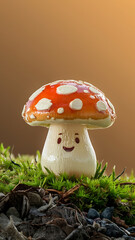 Cute Mushroom A tiny mushroom with a smiley face on the cap placed against a solid background Photography copyspace glossy effect