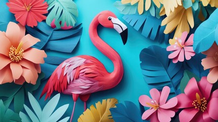 Paper Flamingo Amidst Vibrant Tropical Flowers and Leaves