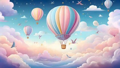 Fototapeta premium Colorful Hot Air Balloons in a Dreamy Sky Filled with Fluffy Clouds and Birds