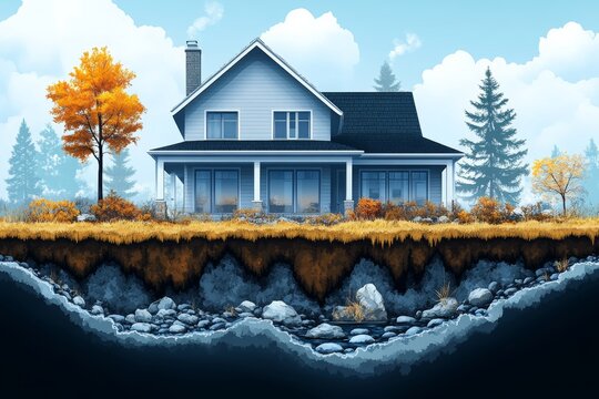 An infographic-style image showing the dangers of radon gas, with an illustration of it seeping through the ground into a home. Generative AI