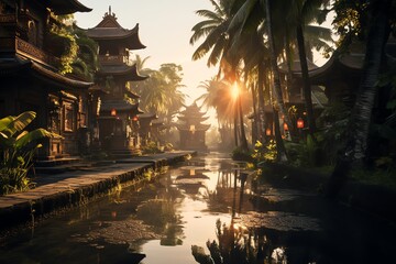 Fototapeta premium Sunrise over serene canal with traditional Asian architecture and lush tropical foliage.