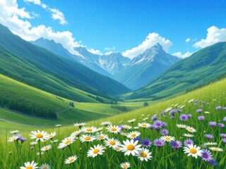 Obraz premium Picturesque summer landscape with green hills, wildflowers and snowy mountains in the background