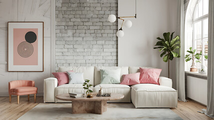 interior design mockup Grunge old accent coffee table near white sofa against arched window and white wall with big art poster frame Minimalist art deco interior design of modern living room home Spr