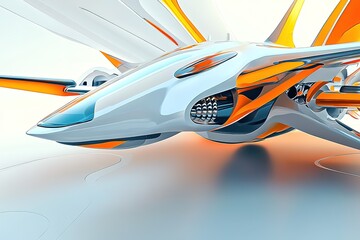 Fototapeta premium Futuristic orange and white drone flying in sky
