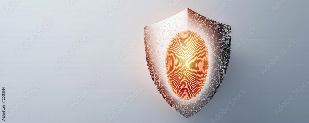 Poster protect prevention policy concept. digital shield with fingerprint symbolizing security and protecti