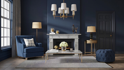 interior design mockup Interior of room with armchair lamps and coffee table 3d render Classic Blue Navy white gold black Low Contrast Monochrome