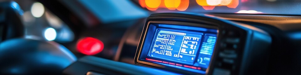 Car dashboard GPS navigation glowing in dark vehicle interior