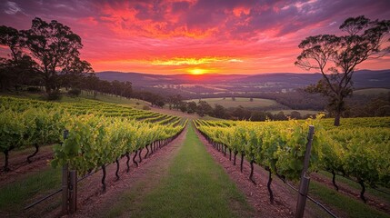 Naklejka premium A picturesque vineyard with rows of grapevines stretching into the distance, a fiery sunset over the hills in the background.