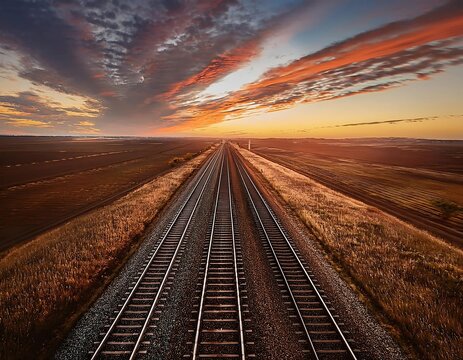 Sunset Railway: A breathtaking aerial view of parallel train tracks vanishing into a vibrant sunset. Dramatic clouds paint the sky in fiery hues, creating a sense of journey and endless possibilities.