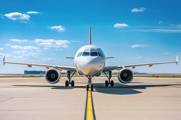 Naklejka premium Front view of airplane on runway under blue sky