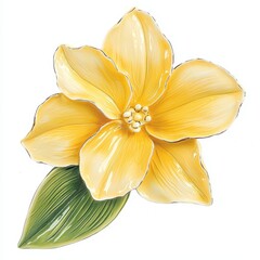 A vibrant yellow flower with smooth petals and a green leaf, exuding freshness and beauty, perfect for decorative purposes.