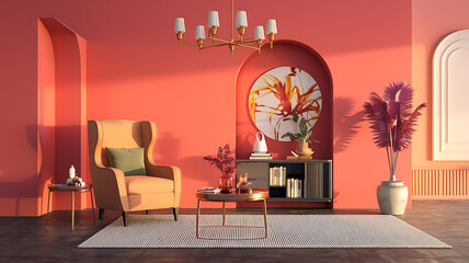 interior design mockup Interior of living room with armchair 3d rendering Sunset Glow Orange coral magenta golden yellow Alchemy Symbolism