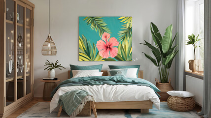 interior design mockup Minimalistic cozy bedroom interior with fairy lights and soft bedding in neutral colors creating a warm and inviting atmosphere for relaxation and comfort Tropical Paradise Tur