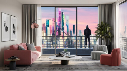 interior design mockup A lonely figure stands on a rooftop in a futuristic city looking out at a vibrant cityscape Parisian Chic Dusty rose charcoal gray cream navy Art Brut Raw Art