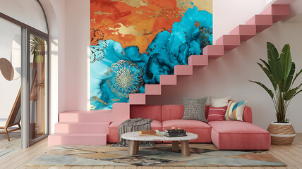 interior design mockup 3D rendering of a pink staircase with blue and white geometric shapes in the background Moroccan Sunset Deep orange turquoise gold dark brown Ink Wash Sumie