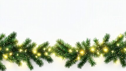 A seamless decorative border design with green coniferous branches and twinkling garlands of Christmas lights