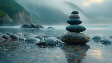 Zen stone stack on tranquil water
