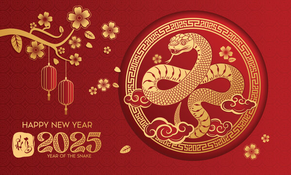 Happy chinese new year of the snake 2025 festive banner with gold snakes, flowers. illustration for header of website