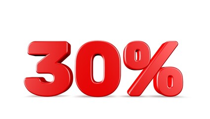 30% 3D rendering illustration isolated with Red Color on white background 3D percent and signs