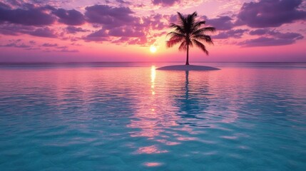 Fototapeta premium A lone palm tree stands on a small island in the middle of the ocean as the sun sets over the horizon, casting a warm, orange glow across the sky and water.