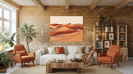 interior design mockup Rustic farmhouse loft interior design of modern living room Room with brick wall and beam ceiling Desert Dunes Sandy beige terracotta burnt orange cream ZentangleDoodle Art