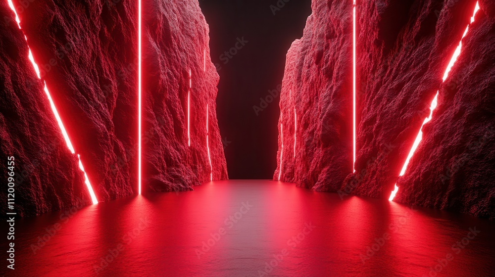 Poster a futuristic pathway between illuminated rocky walls, featuring glowing red lines and a reflective s