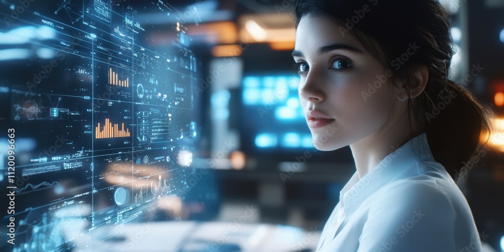 Aufkleber focused woman analyzing data on futuristic interface: a glimpse into modern technology and data anal
