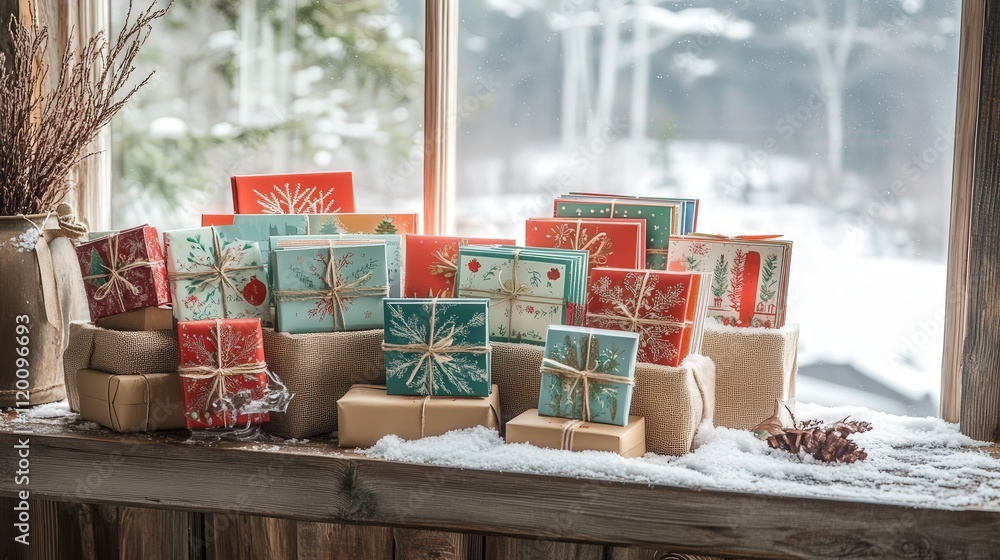Poster a snowy window backdrop with a table filled with vibrant christmas greeting cards and stacked gift b