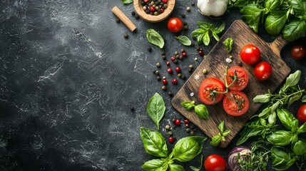 Fresh tomatoes and herbs on a rustic wooden board with a dark background