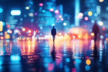 Fototapeta premium Silhouette of young adult in vibrant city at night with lights and reflections.