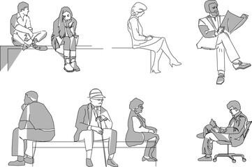 Vector sketch, silhouette illustration, design of a person sitting relaxing in a city park 