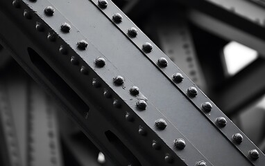 Close-up of riveted steel beams, showing industrial detail.